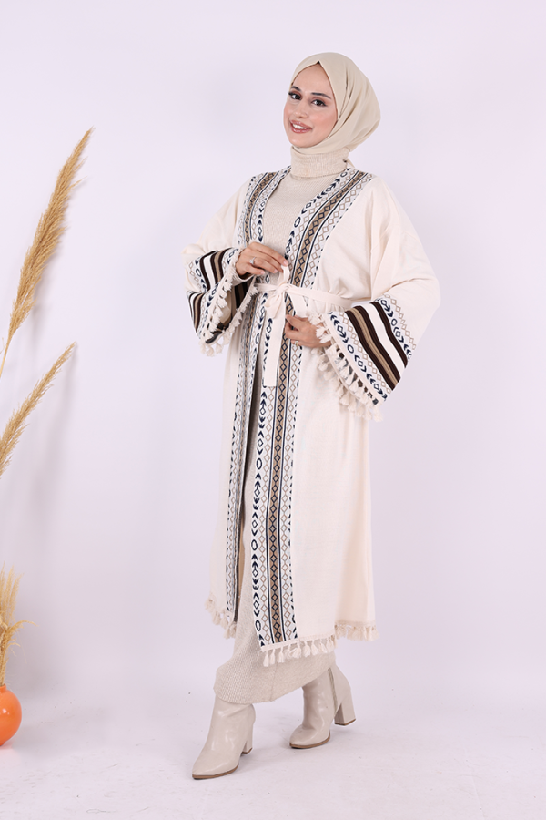 Etrik İşlemeli Triko Kimono 12675 Taş - 3