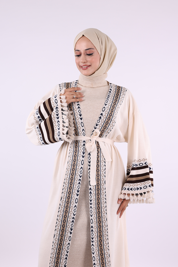 Etrik İşlemeli Triko Kimono 12675 Taş - 5
