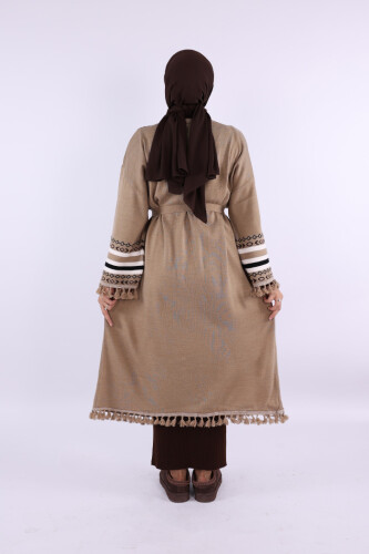 12675 Etnik İşlemeli Triko Kimono Vizon - 2