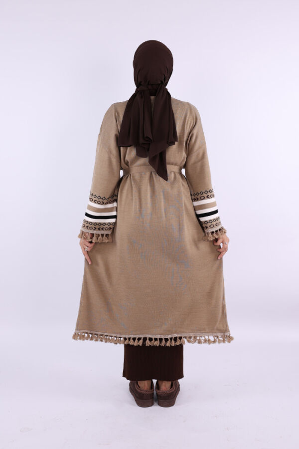 12675 Etnik İşlemeli Triko Kimono Vizon - 2