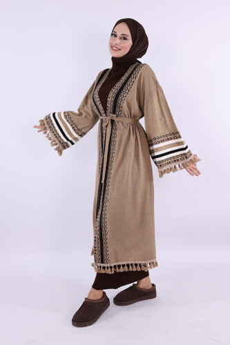 12675 Etnik İşlemeli Triko Kimono Vizon - 3