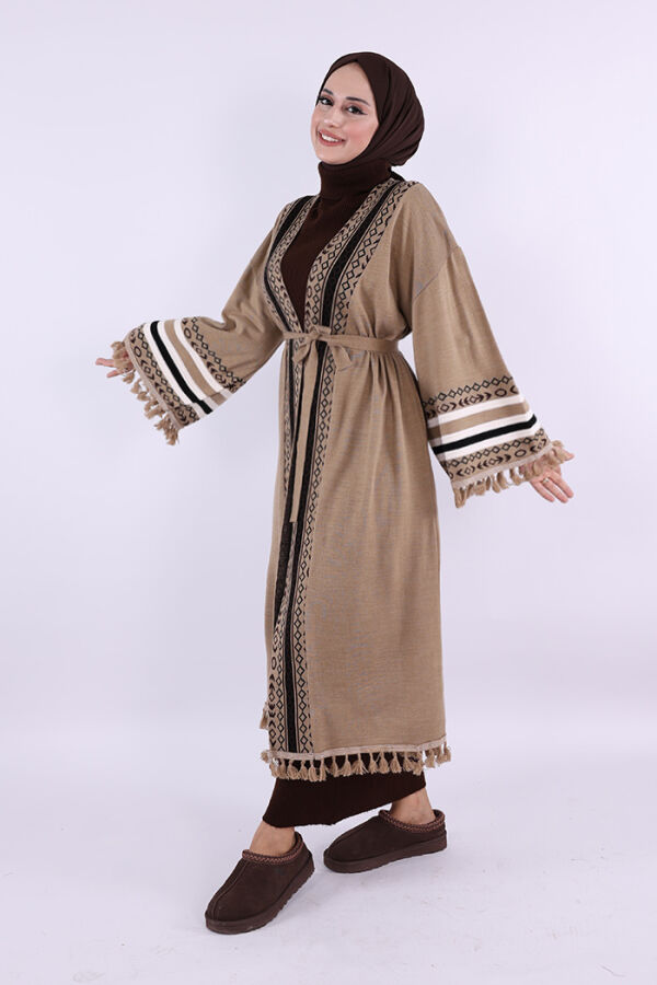 12675 Etnik İşlemeli Triko Kimono Vizon - 3
