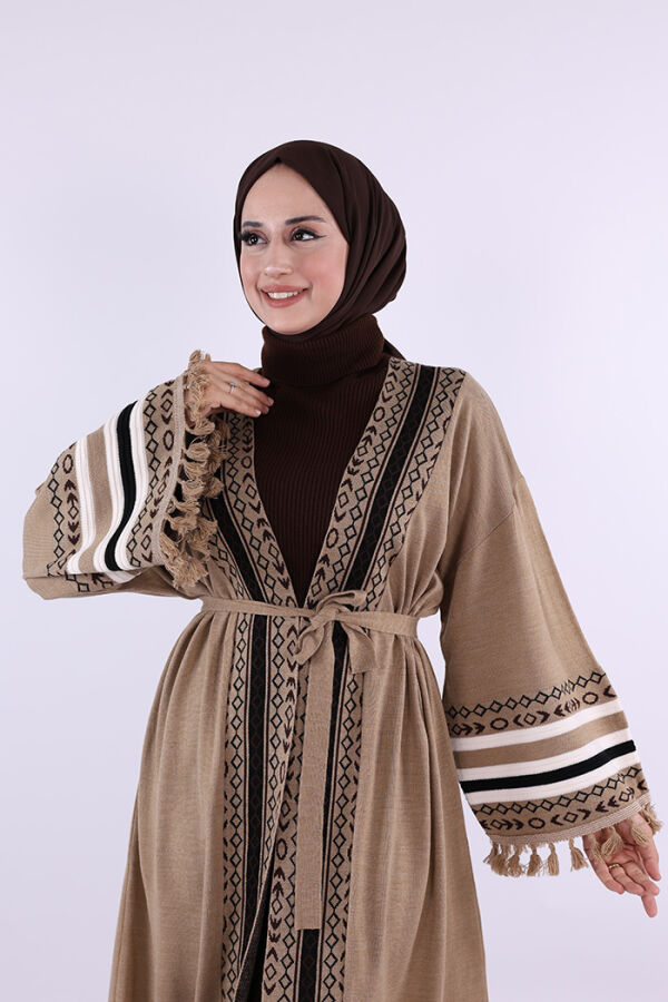 12675 Etnik İşlemeli Triko Kimono Vizon - 4