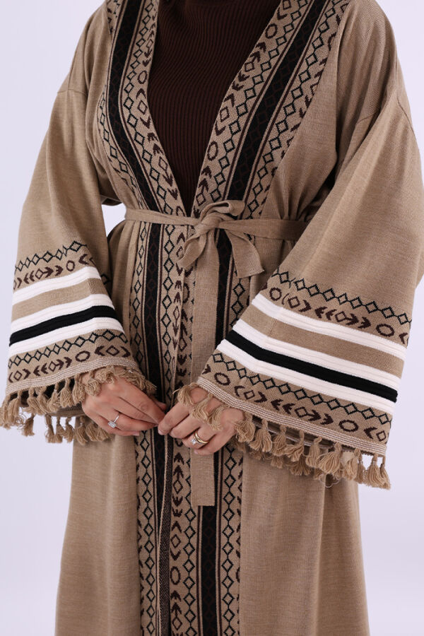 12675 Etnik İşlemeli Triko Kimono Vizon - 5
