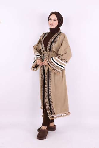 Etrik İşlemeli Triko Kimono 12675 Vizon - 2