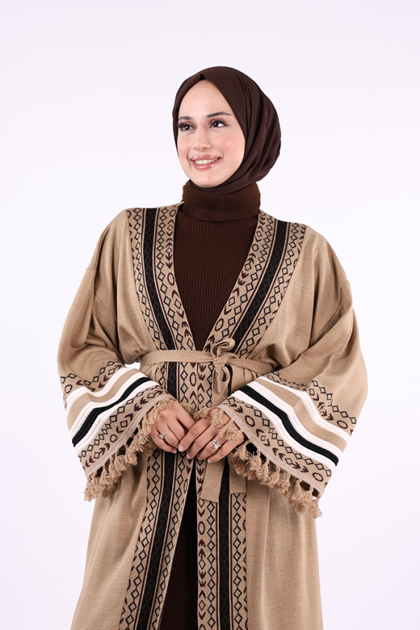 Etrik İşlemeli Triko Kimono 12675 Vizon - 4