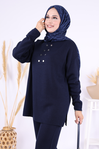 Yarım Balıkçı Önü Düğme Detaylı Takım 1630 Lacivert - 4