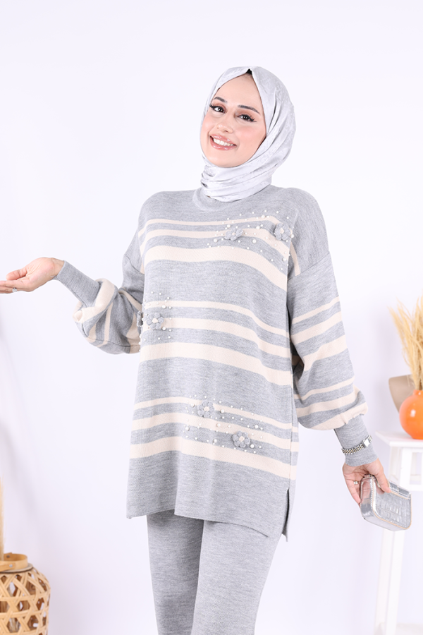 Çizgili Triko Takım 1635 Gri - 3
