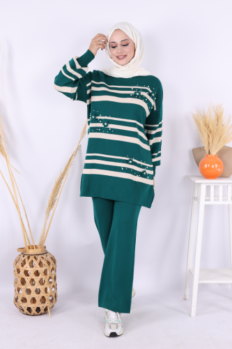 Çizgili Triko Takım 1635 Zümrüt - Bym Fashion