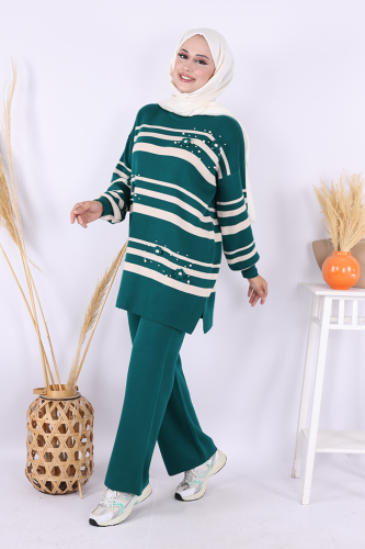 Çizgili Triko Takım 1635 Zümrüt - Bym Fashion (1)