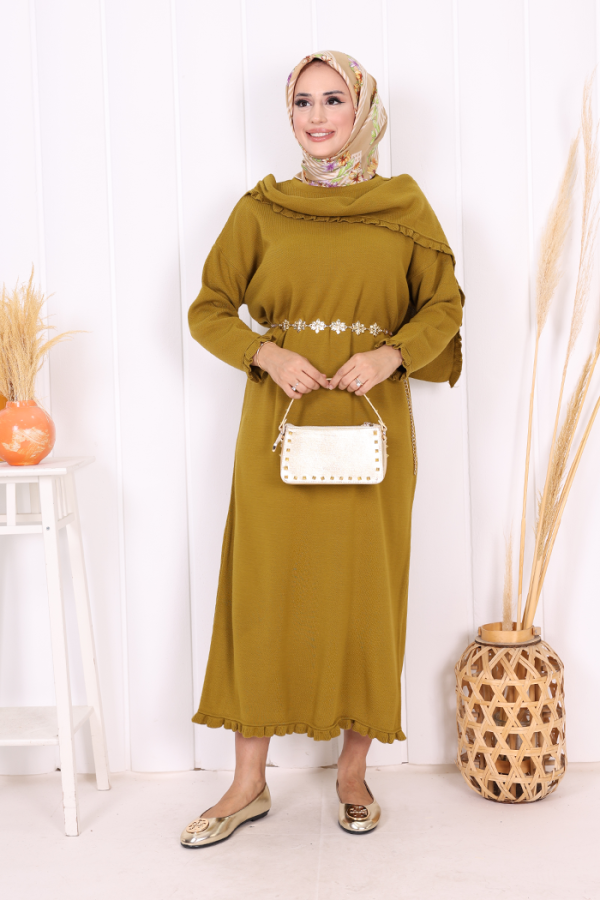 Omuzda Apolet Fırfırlı Triko Elbise 17030 Yağ Yeşili - 1