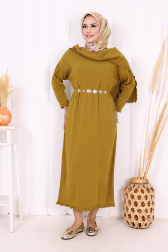 Omuzda Apolet Fırfırlı Triko Elbise 17030 Yağ Yeşili - Bym Fashion (1)