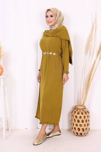 Omuzda Apolet Fırfırlı Triko Elbise 17030 Yağ Yeşili - 3