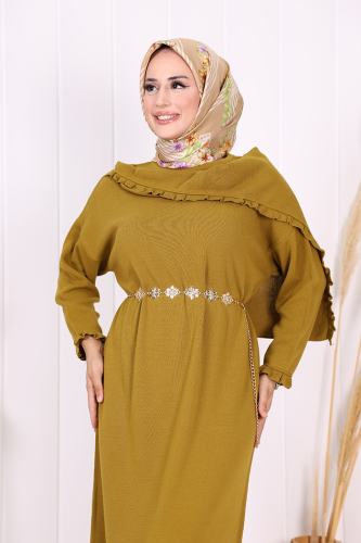 Omuzda Apolet Fırfırlı Triko Elbise 17030 Yağ Yeşili - 6