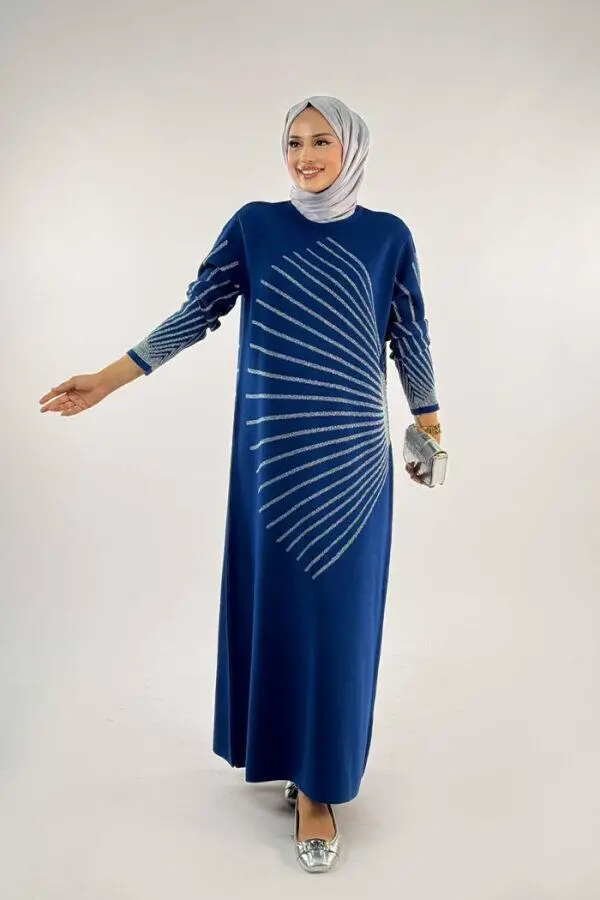 18306 Sim Detay Triko Elbise Lacivert - 1