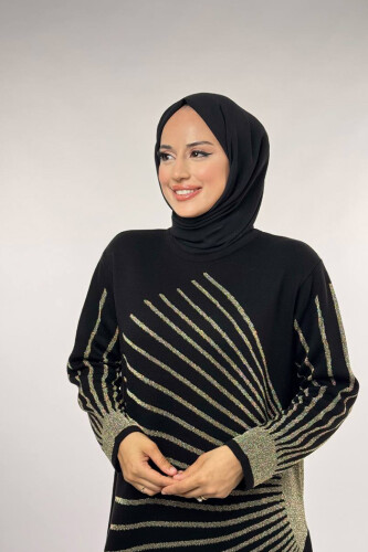18306 Sim Detay Triko Elbise Siyah-Gold - 4