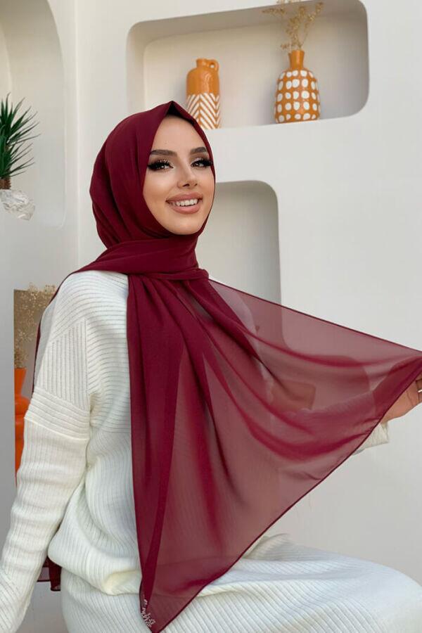 2019 Şifon Şal Bordo - 1