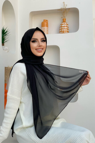 2019 Şifon Şal Siyah - 1