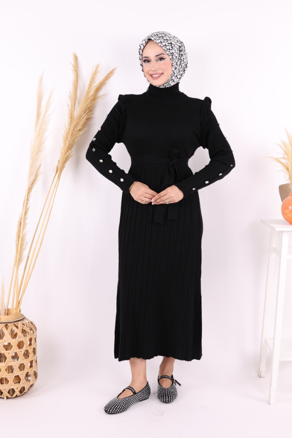 Kolları Metal Zımba Detay Omuz Kısımları Fırfırlı Yarım Boğaz Kendinden Şerit Görünümlü Triko Elbise 22204 Siyah - 5