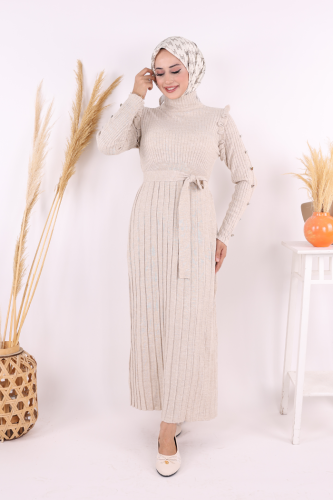 Kolları Metal Zımba Detay Omuz Kısımları Fırfırlı Yarım Boğaz Kendinden Şerit Görünümlü Triko Elbise 22204 Taş - 5