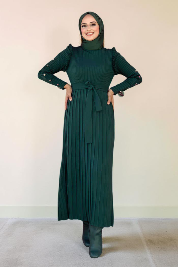 Kolları Metal Zımba Detay Omuz Kısımları Fırfırlı Yarım Boğaz Kendinden Şerit Görünümlü Triko Elbise 22204 Zümrüt - 10