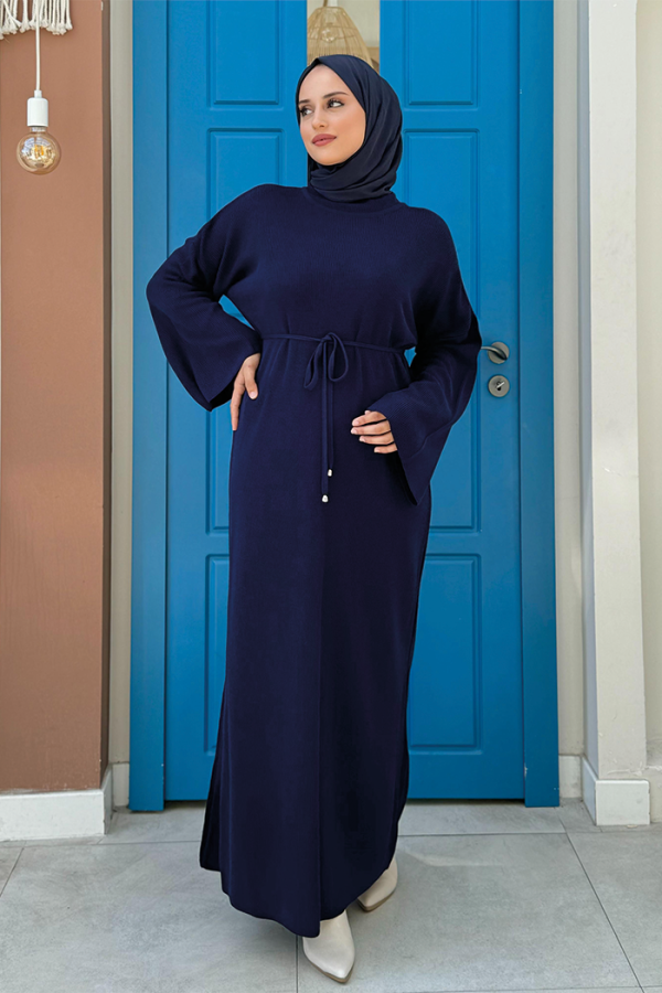 Bel Bağcıklı Düz Triko Elbise 23322 Lacivert - 5