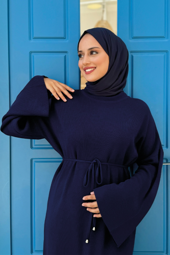 Bel Bağcıklı Düz Triko Elbise 23322 Lacivert - 8