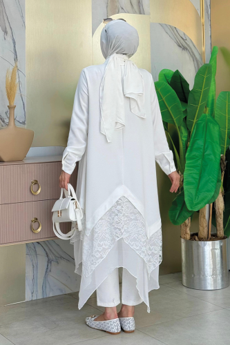 Dantel Ve Şifon Detaylı Asimetrik Kesim Tunik 2758 Ekru - Bym Fashion (1)