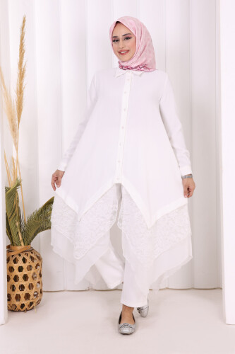 Dantel Ve Şifon Detaylı Asimetrik Kesim Tunik 2758 Ekru - 5