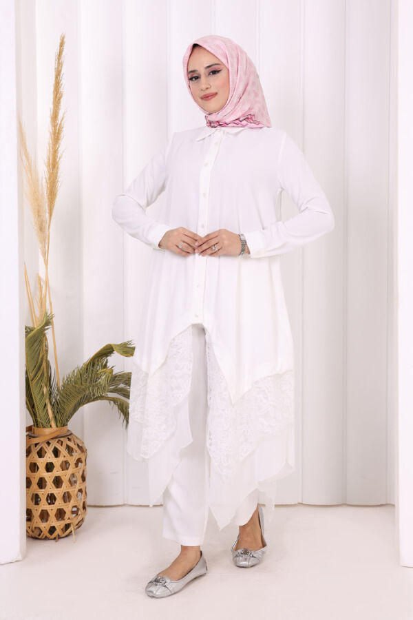 Dantel Ve Şifon Detaylı Asimetrik Kesim Tunik 2758 Ekru - 6