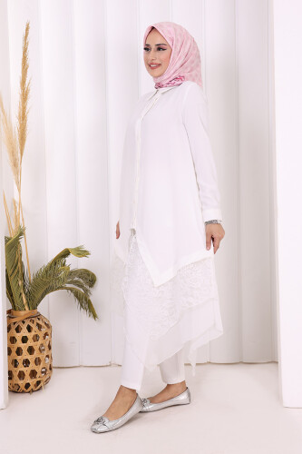Dantel Ve Şifon Detaylı Asimetrik Kesim Tunik 2758 Ekru - 7