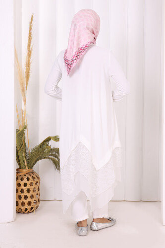 Dantel Ve Şifon Detaylı Asimetrik Kesim Tunik 2758 Ekru - 8