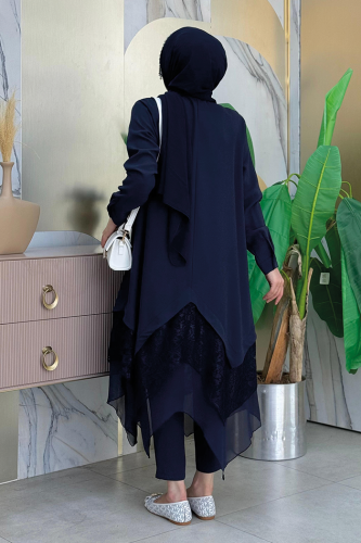 Dantel Ve Şifon Detaylı Asimetrik Kesim Tunik 2758 Lacivert - Bym Fashion (1)