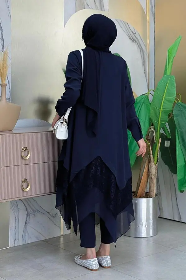 Dantel Ve Şifon Detaylı Asimetrik Kesim Tunik 2758 Lacivert - 6