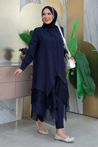 Dantel Ve Şifon Detaylı Asimetrik Kesim Tunik 2758 Lacivert - 7