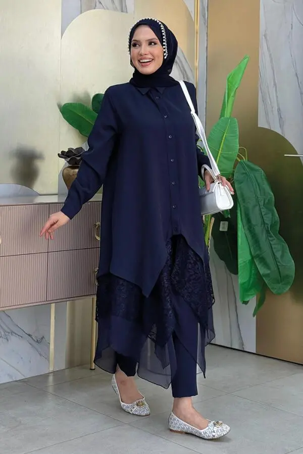 Dantel Ve Şifon Detaylı Asimetrik Kesim Tunik 2758 Lacivert - 7