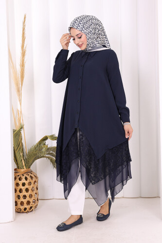 Dantel Ve Şifon Detaylı Asimetrik Kesim Tunik 2758 Lacivert - 9