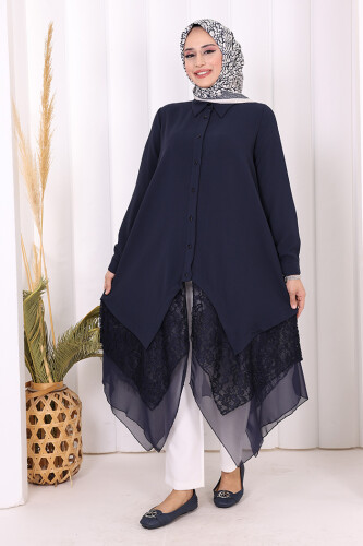 Dantel Ve Şifon Detaylı Asimetrik Kesim Tunik 2758 Lacivert - 10