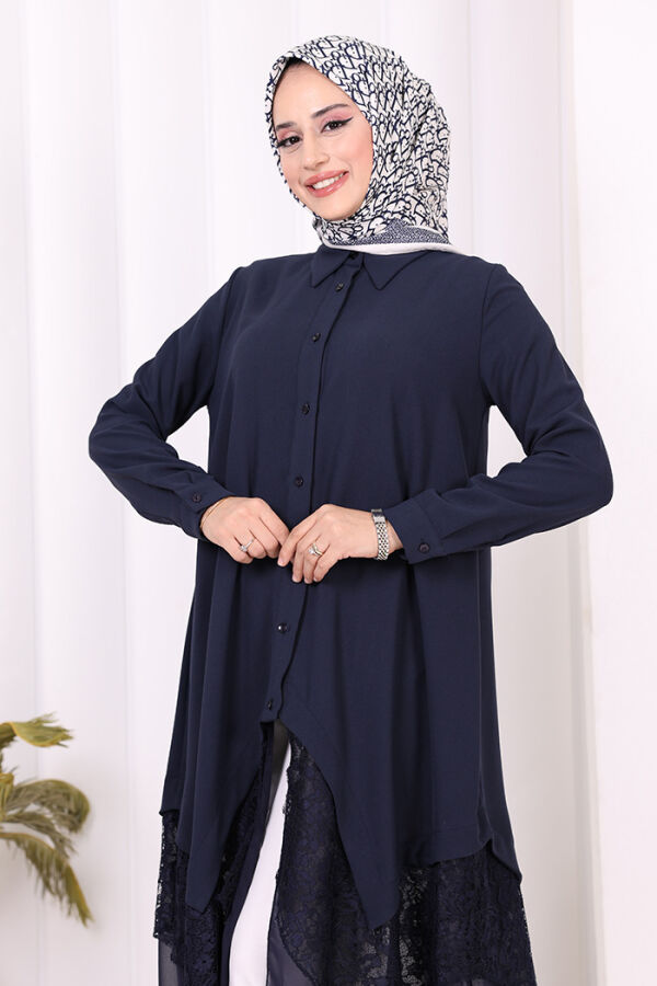 Dantel Ve Şifon Detaylı Asimetrik Kesim Tunik 2758 Lacivert - 13
