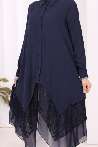 Dantel Ve Şifon Detaylı Asimetrik Kesim Tunik 2758 Lacivert - 14