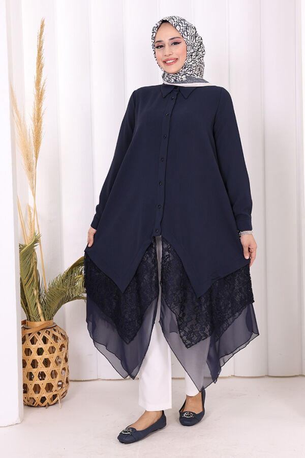 Dantel Ve Şifon Detaylı Asimetrik Kesim Tunik 2758 Lacivert - 10