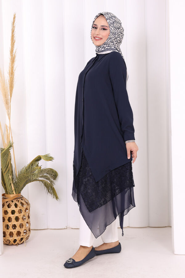 Dantel Ve Şifon Detaylı Asimetrik Kesim Tunik 2758 Lacivert - 11