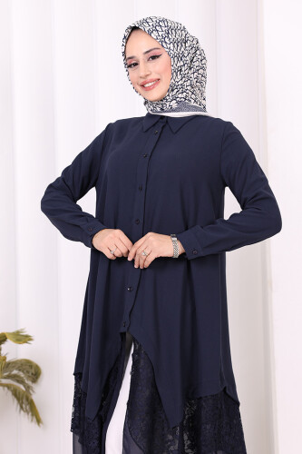 Dantel Ve Şifon Detaylı Asimetrik Kesim Tunik 2758 Lacivert - 13