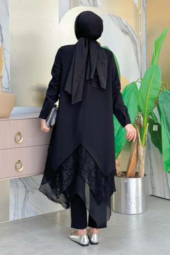 Dantel Ve Şifon Detaylı Asimetrik Kesim Tunik 2758 Siyah - Bym Fashion (1)