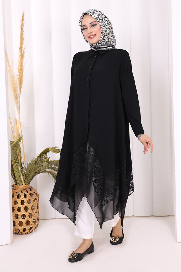 Dantel Ve Şifon Detaylı Asimetrik Kesim Tunik 2758 Siyah - 6