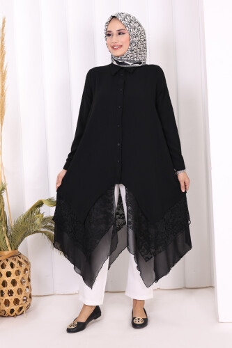 Dantel Ve Şifon Detaylı Asimetrik Kesim Tunik 2758 Siyah - 5