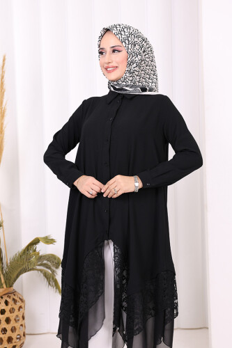 Dantel Ve Şifon Detaylı Asimetrik Kesim Tunik 2758 Siyah - 8