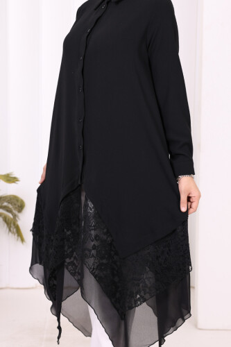 Dantel Ve Şifon Detaylı Asimetrik Kesim Tunik 2758 Siyah - 9