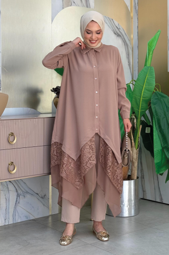 Dantel Ve Şifon Detaylı Asimetrik Kesim Tunik 2758 Vizon - Bym Fashion