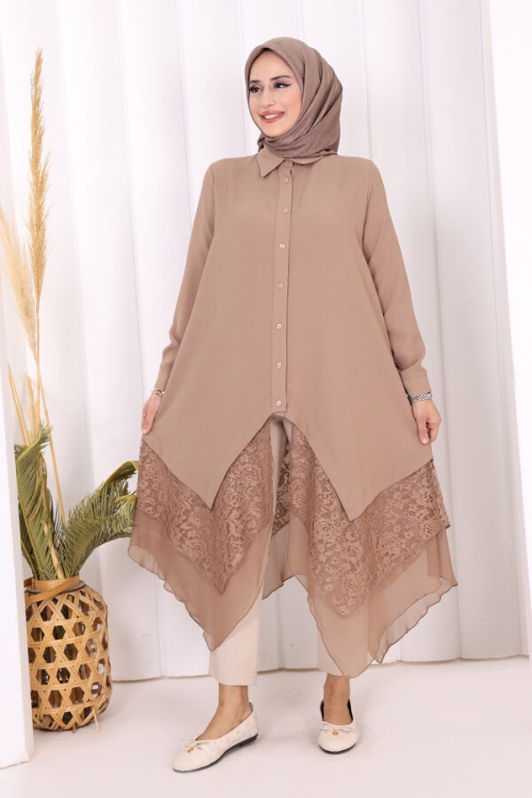 Dantel Ve Şifon Detaylı Asimetrik Kesim Tunik 2758 Vizon - 5